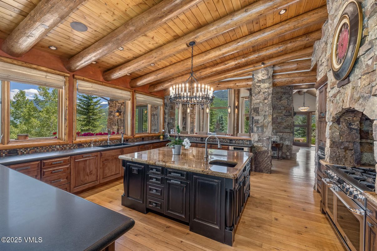 Chandelier, Fireplace, Interior, Kitchen, Stone Walls, Wooden Beams, Wooden Ceilings, Wood Texture Flooring