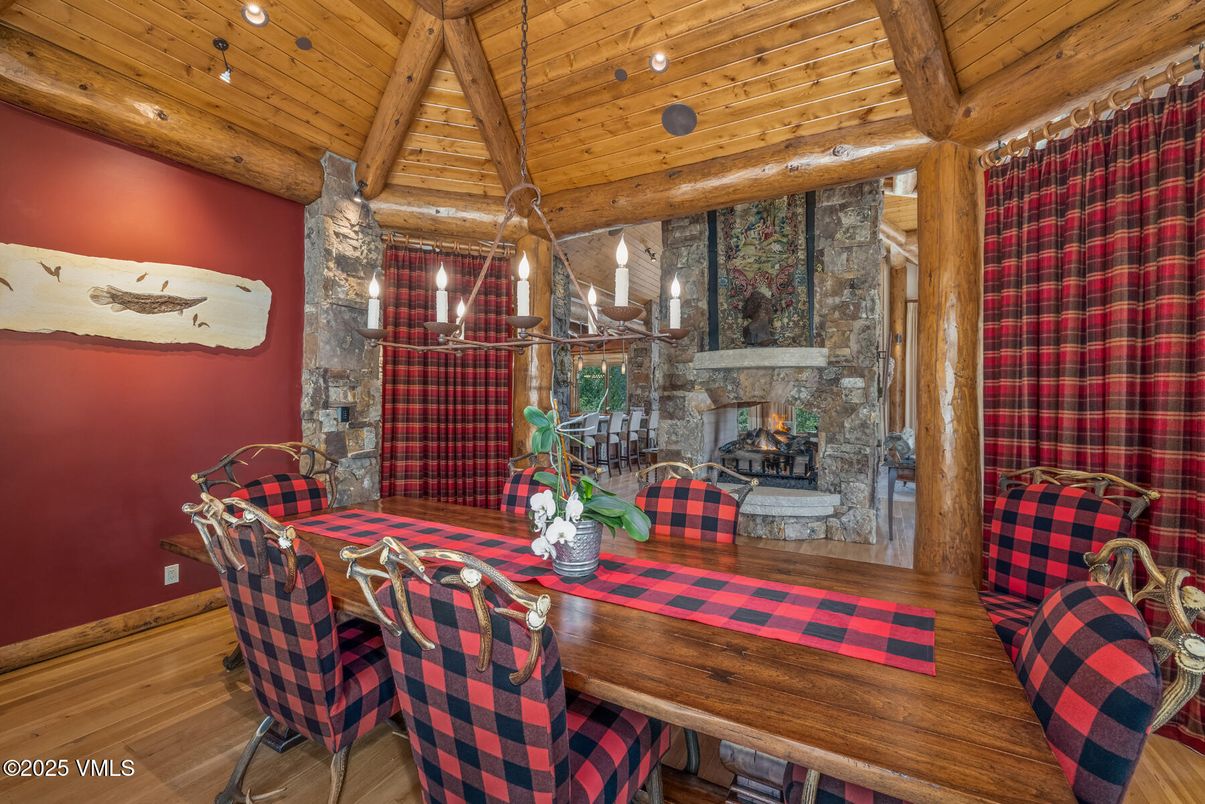 Dining room, Fireplace, Interior, Recessed Lighting, Wooden Beams, Wooden Ceilings, Wood Texture Flooring