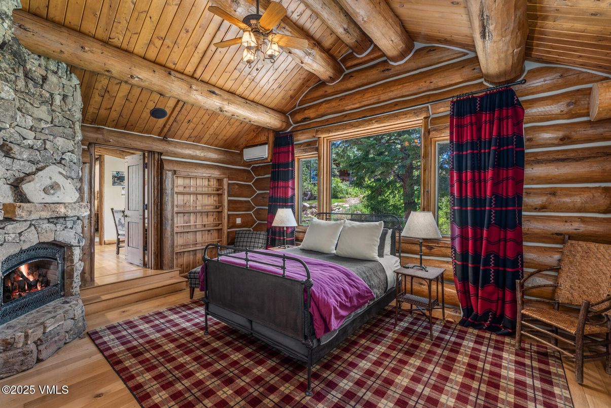 Bedroom, Fireplace, Interior, Stone Walls, Wooden Beams, Wooden Ceilings, Wood Texture Flooring, Wooden Walls