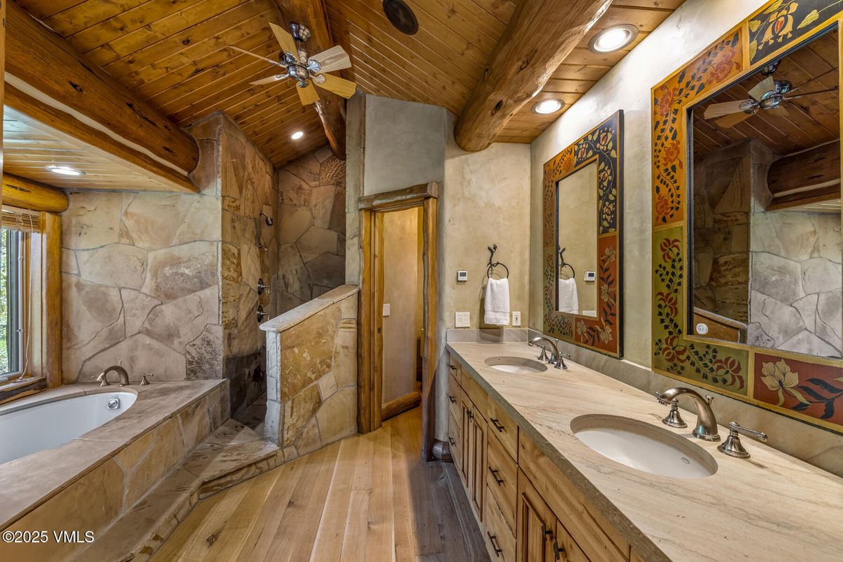 Bathroom, Dual Sink Vanities, Interior, Recessed Lighting, Wooden Beams, Wooden Ceilings, Wood Texture Flooring