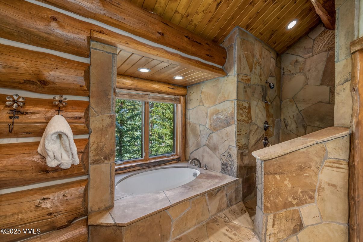 Bathroom, Interior, Recessed Lighting, Stone Walls, Wooden Beams, Wooden Ceilings