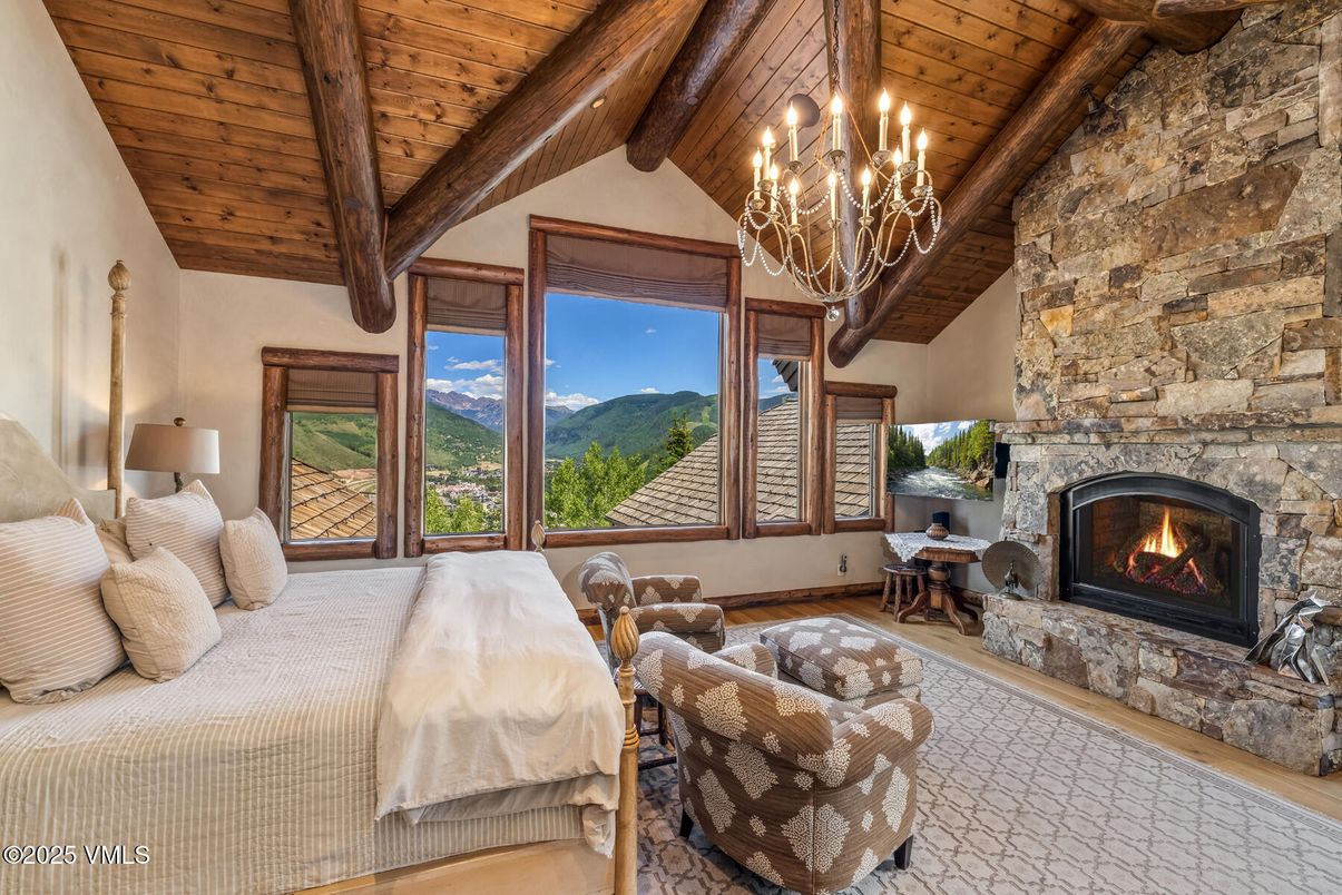 Bedroom, Chandelier, Fireplace, Interior, Stone Walls, Wooden Beams, Wooden Ceilings