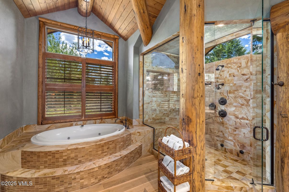 Bathroom, Glass Shower, Interior, Pendant Lights, Wooden Beams, Wooden Ceilings