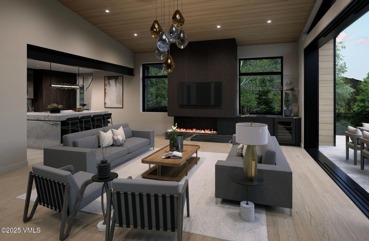 Fireplace, Interior, Living room, Pendant Lights, Recessed Lighting, Wooden Ceilings, Wood Texture Flooring