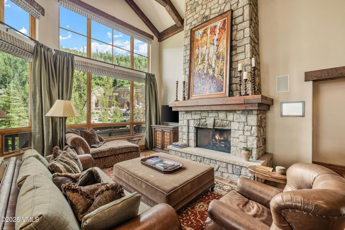 Fireplace, Interior, Living room, Stone Walls, Wooden Beams