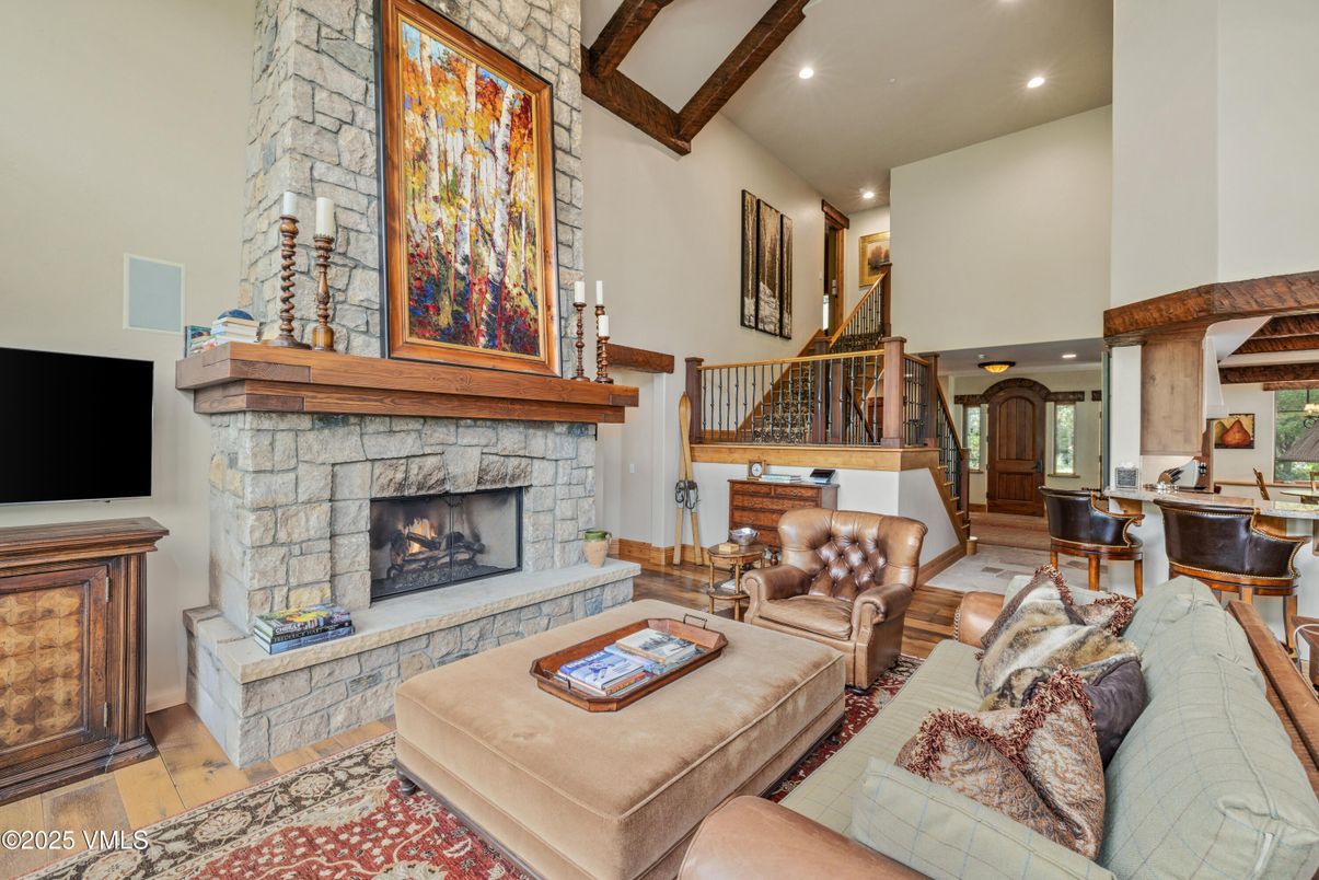 Fireplace, Interior, Living room, Recessed Lighting, Stone Walls, Wooden Beams, Wood Texture Flooring