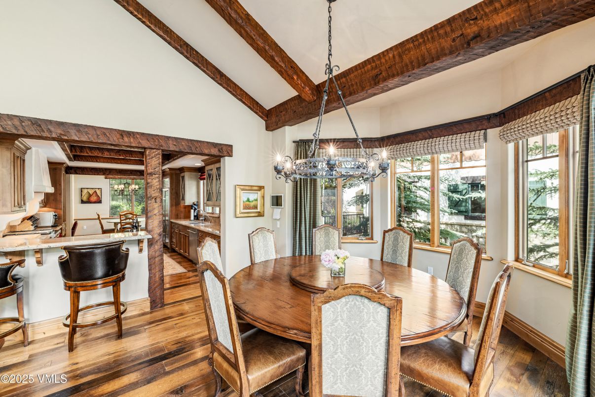 Chandelier, Dining room, Interior, Pendant Lights, Wooden Beams, Wood Texture Flooring