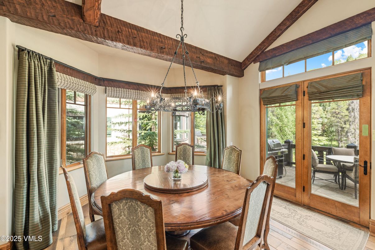 Chandelier, Dining room, Interior, Pendant Lights, Wooden Beams, Wood Texture Flooring