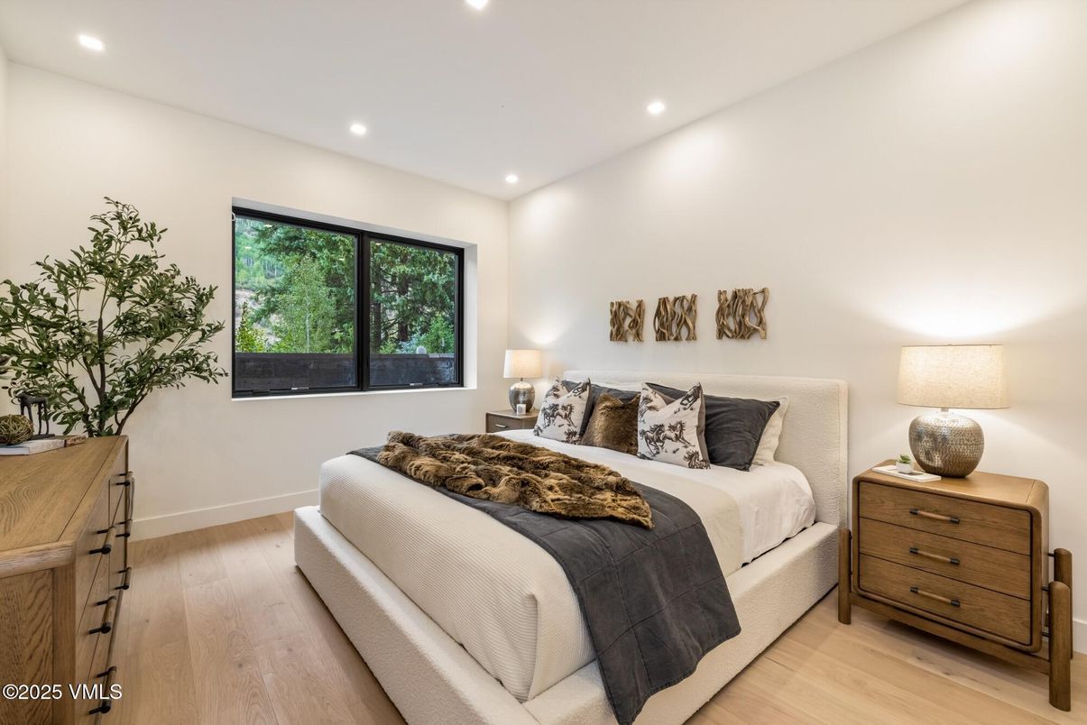 Bedroom, Interior, Recessed Lighting, Wood Texture Flooring