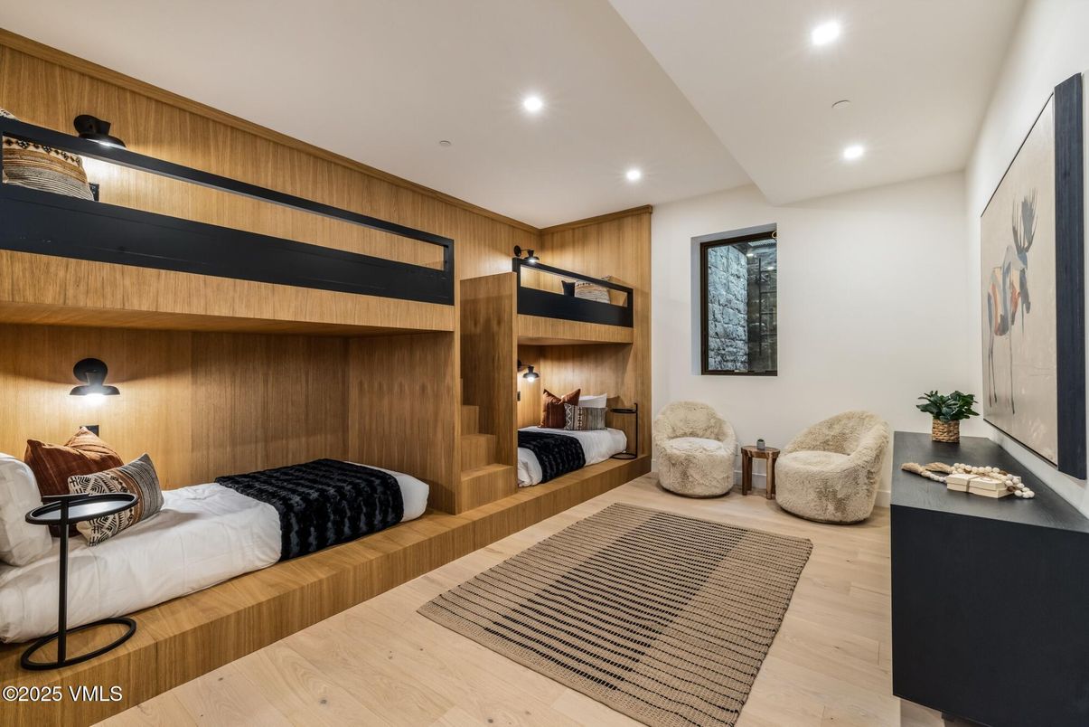 Bedroom, Interior, Recessed Lighting, Wood Texture Flooring, Wooden Walls