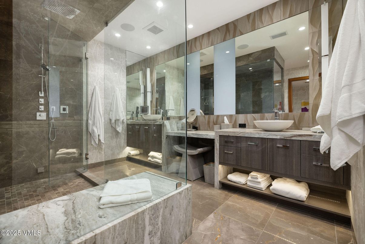 Bathroom, Dual Sink Vanities, Glass Shower, Interior, Recessed Lighting
