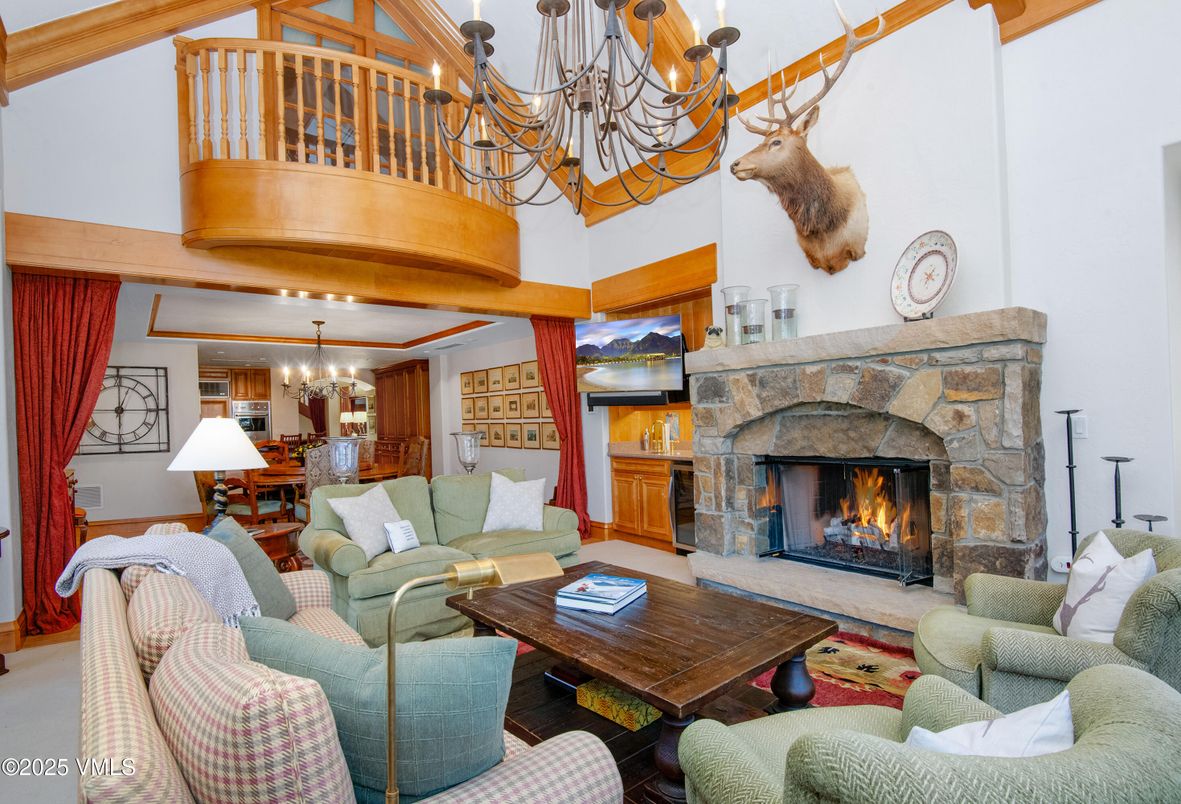 Chandelier, Dining room, Fireplace, Interior, Living room, Wooden Beams