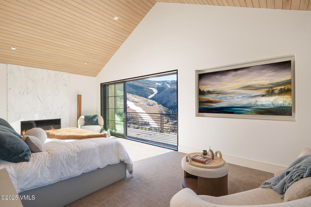 Bedroom, Fireplace, Interior, Recessed Lighting, Wooden Ceilings