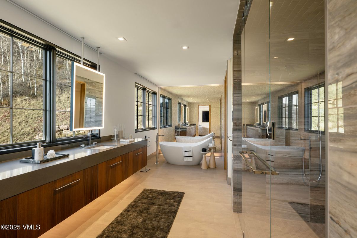 Bathroom, Dual Sink Vanities, Free Standing Baths, Glass Shower, Interior, Recessed Lighting