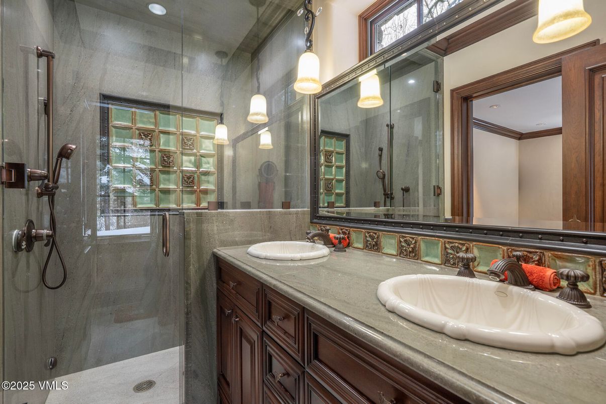 Bathroom, Dual Sink Vanities, Glass Shower, Interior, Pendant Lights, Recessed Lighting