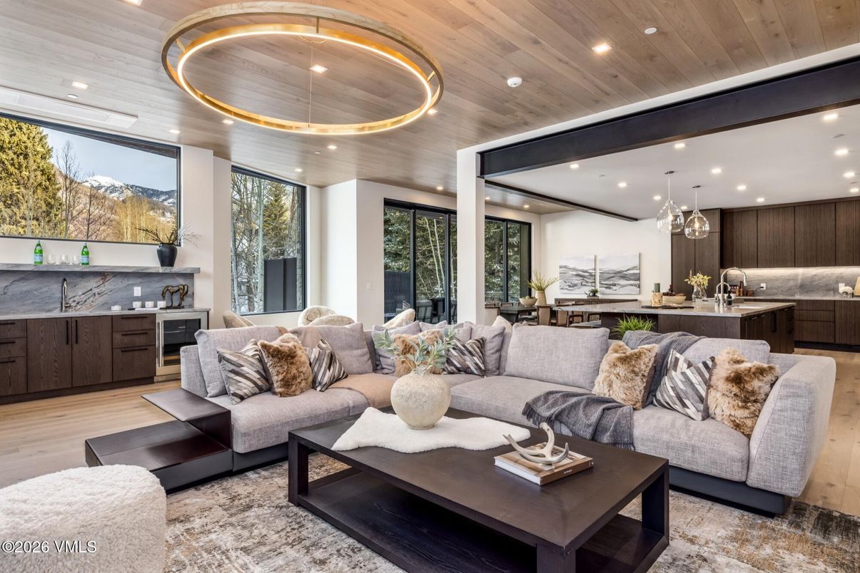 Interior, Kitchen, Living room, Marble Walls, Pendant Lights, Recessed Lighting, Wooden Ceilings, Wood Texture Flooring