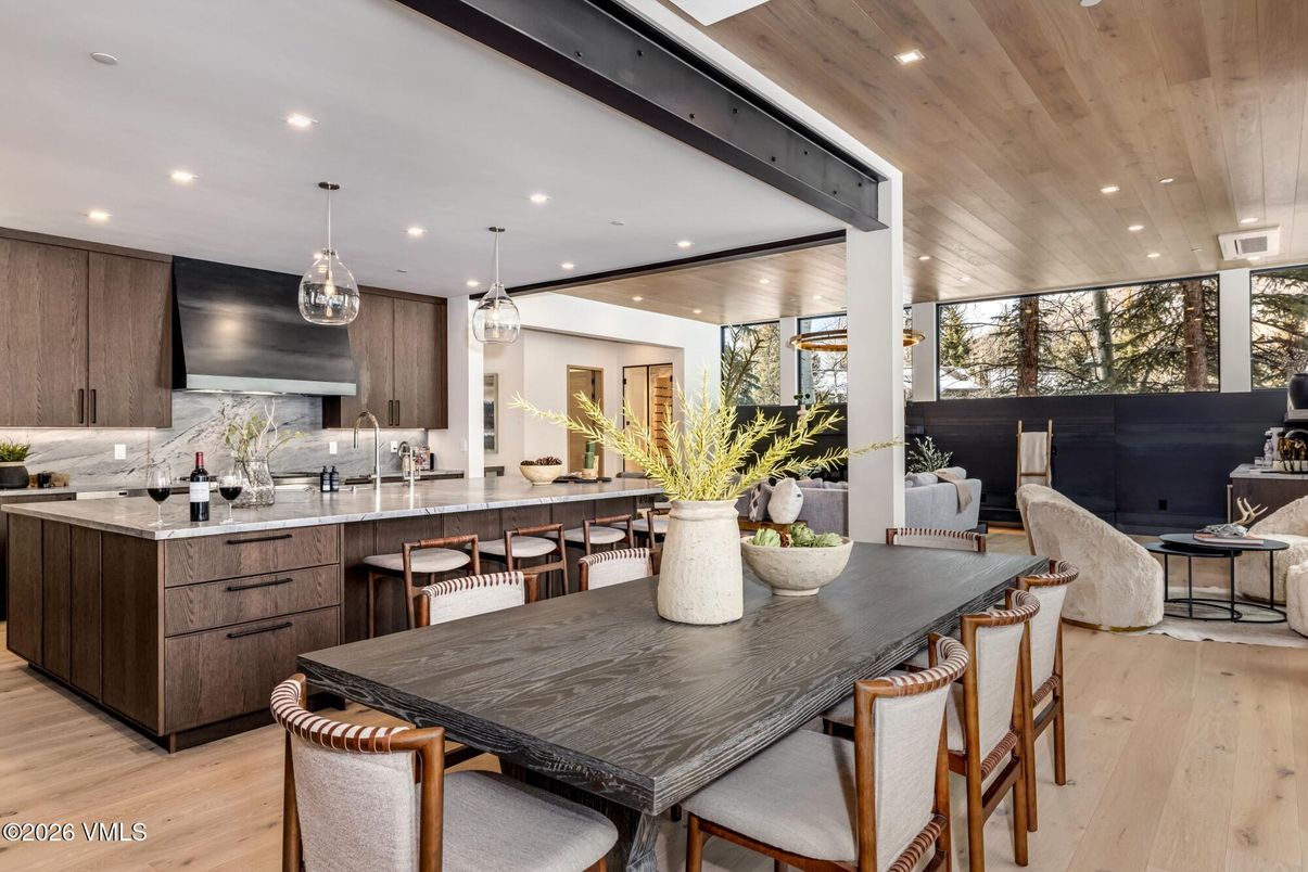 Dining room, Interior, Kitchen, Living room, Pendant Lights, Recessed Lighting, Wooden Ceilings, Wood Texture Flooring