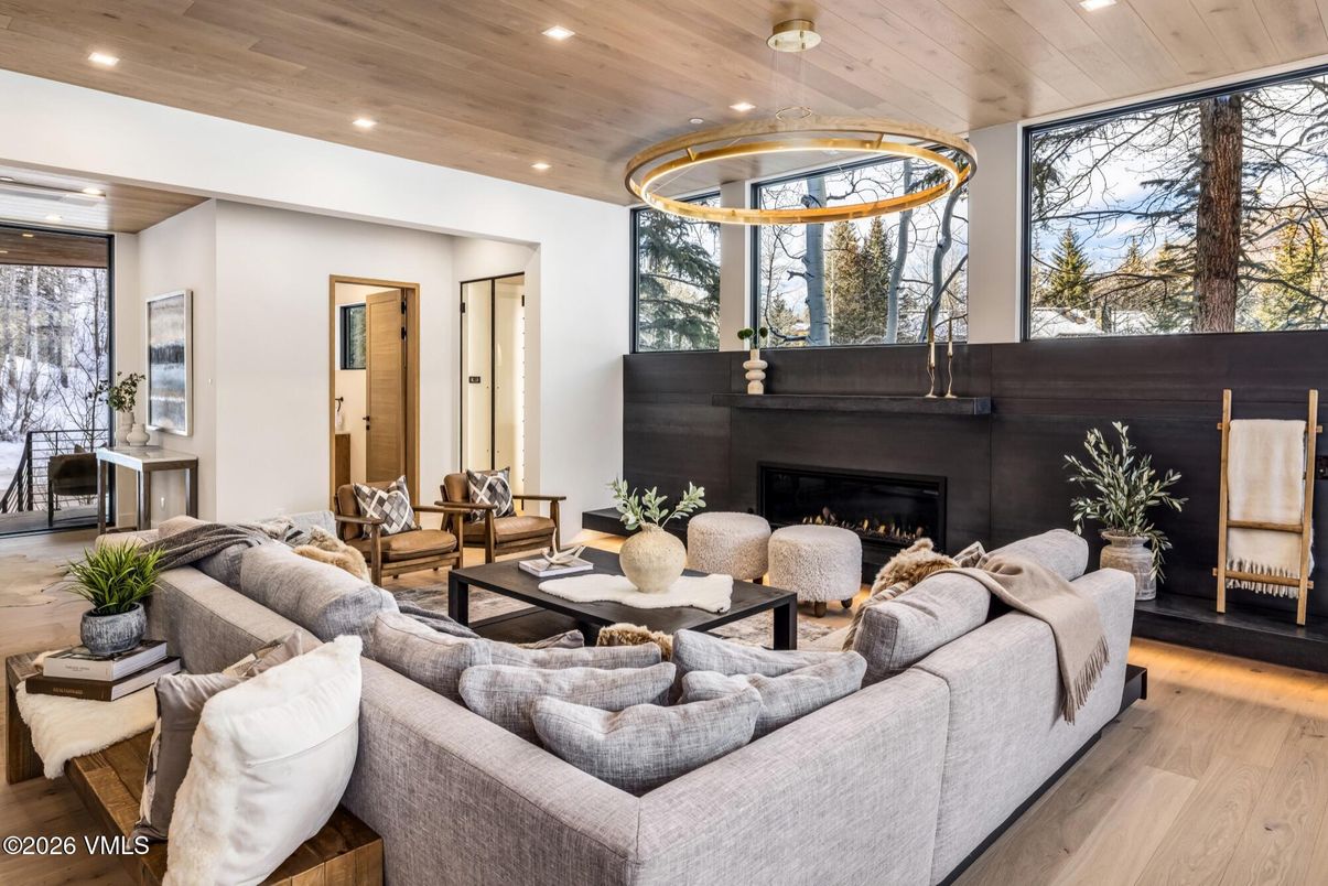 Fireplace, Interior, Living room, Pendant Lights, Recessed Lighting, Wooden Ceilings, Wood Texture Flooring