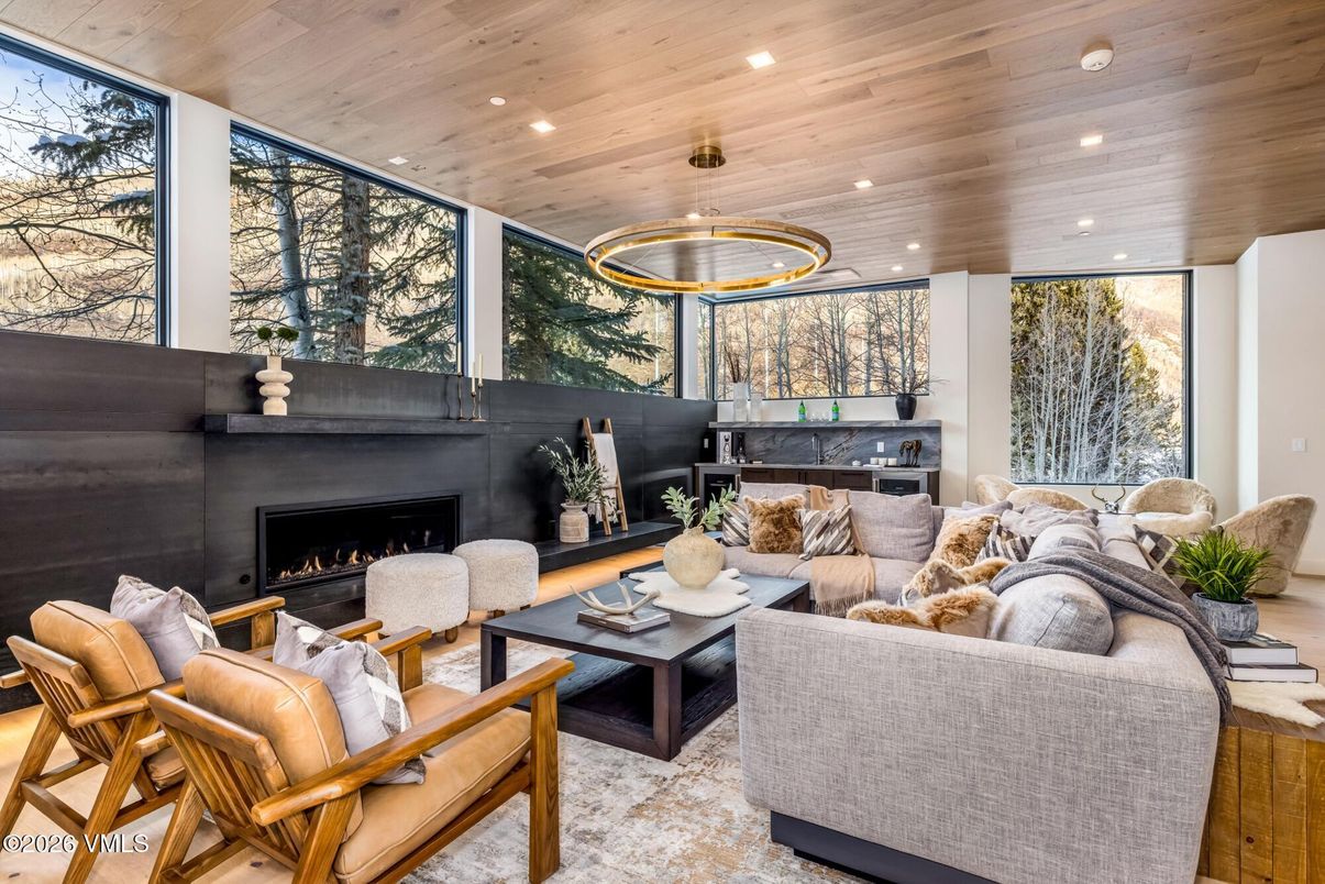 Fireplace, Interior, Living room, Pendant Lights, Recessed Lighting, Wooden Ceilings, Wood Texture Flooring