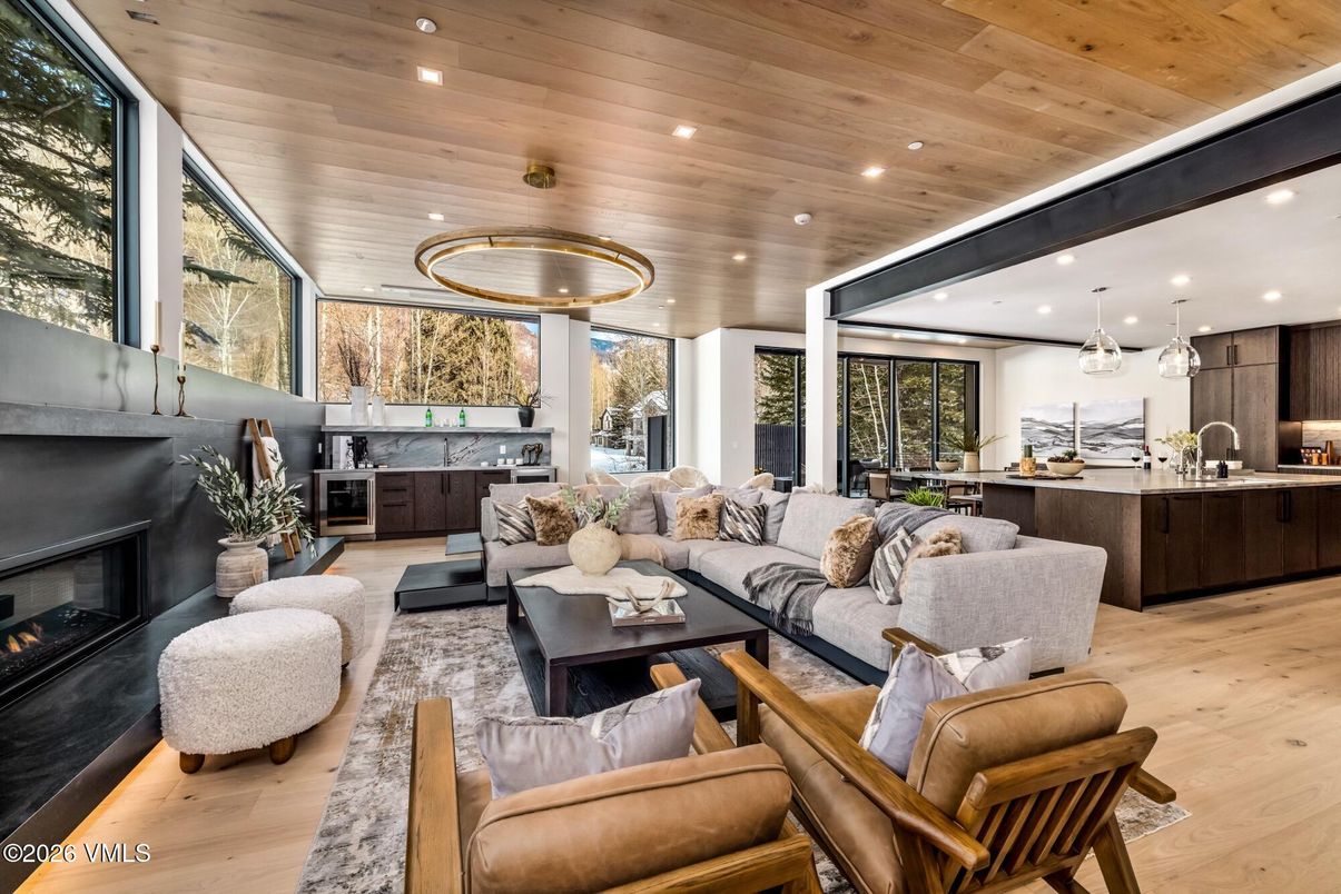 Fireplace, Interior, Kitchen, Living room, Pendant Lights, Recessed Lighting, Wooden Ceilings, Wood Texture Flooring