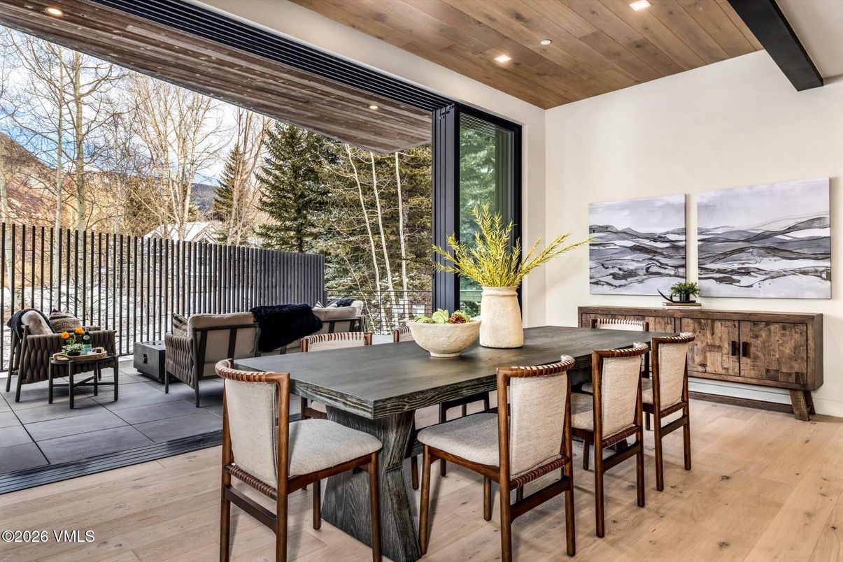 Dining room, Interior, Recessed Lighting, Wooden Beams, Wooden Ceilings, Wood Texture Flooring