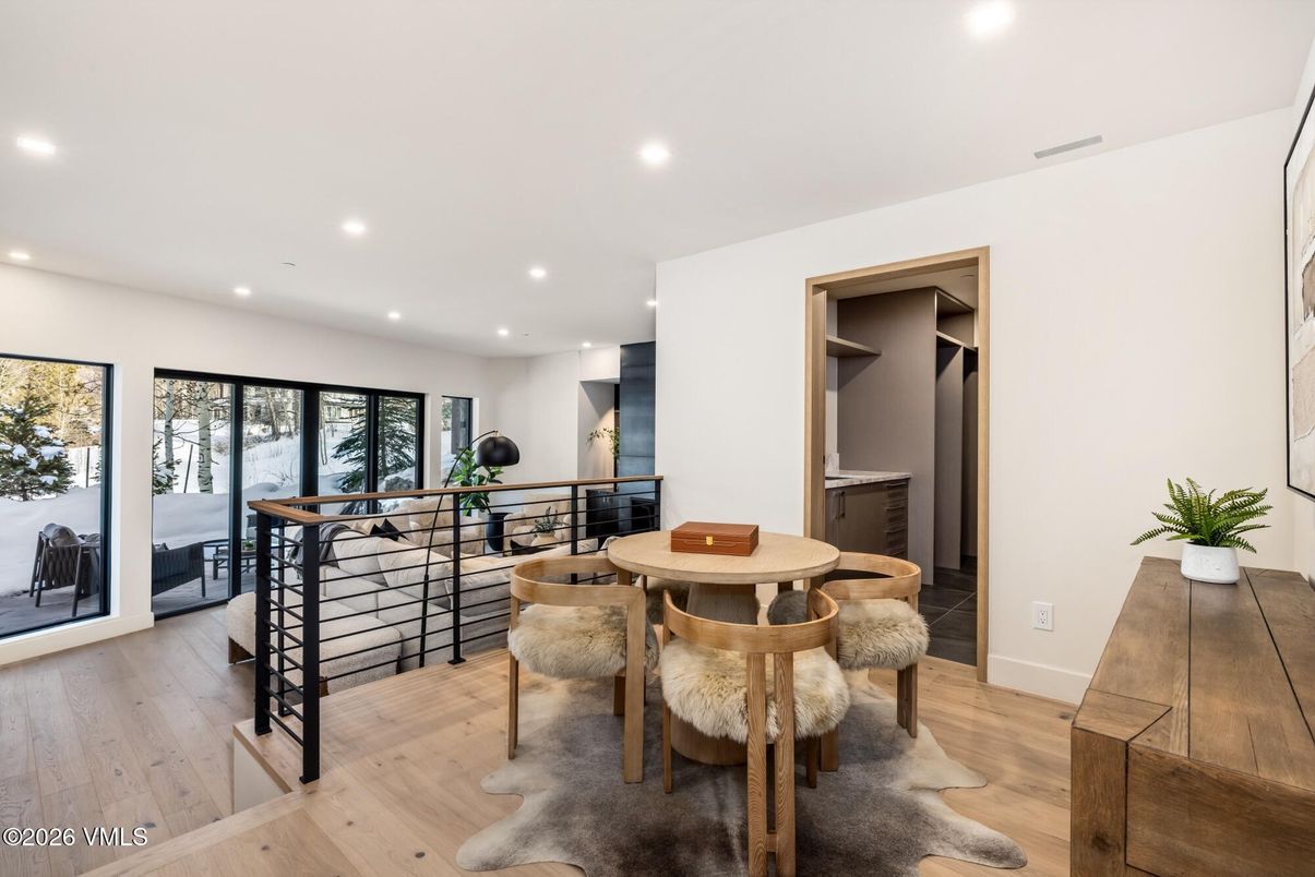 Dining room, Interior, Recessed Lighting, Wood Texture Flooring