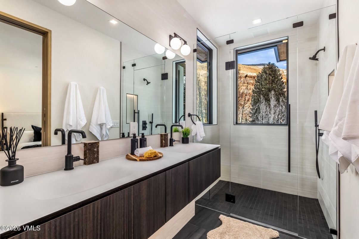 Bathroom, Dual Sink Vanities, Glass Shower, Interior, Recessed Lighting, Wood Texture Flooring