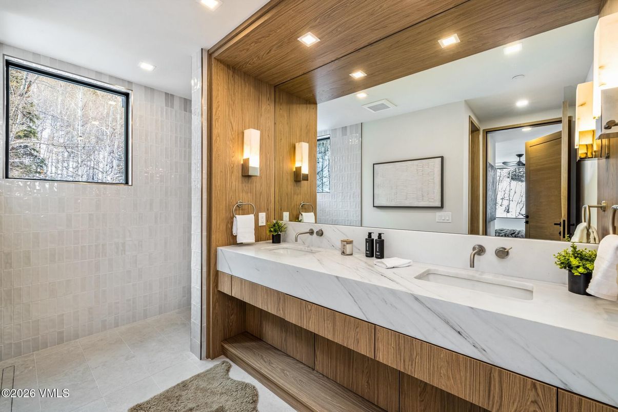 Bathroom, Dual Sink Vanities, Interior, Recessed Lighting, Wooden Ceilings, Wooden Walls