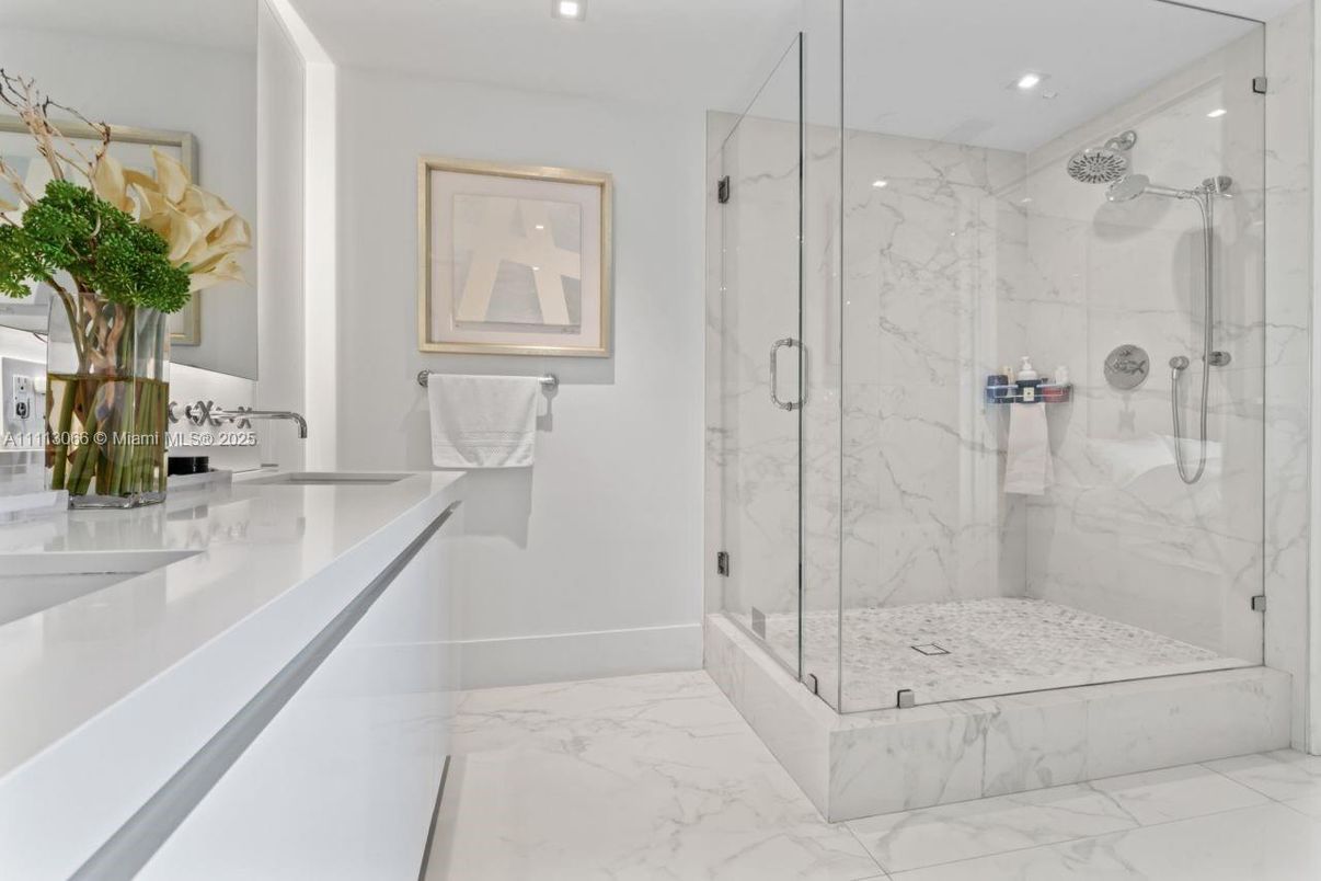 Bathroom, Glass Shower, Interior, Marble, Marble Walls, Recessed Lighting