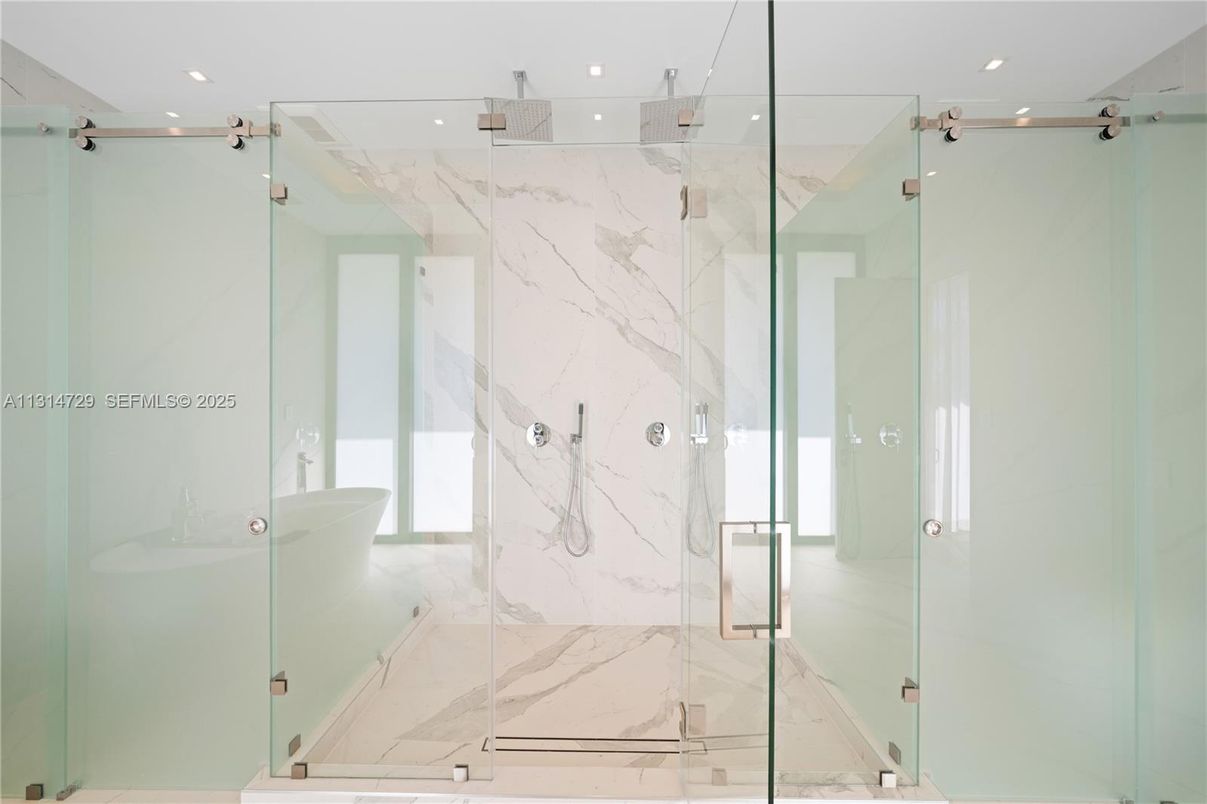 Bathroom, Glass Shower, Interior, Marble Walls, Recessed Lighting