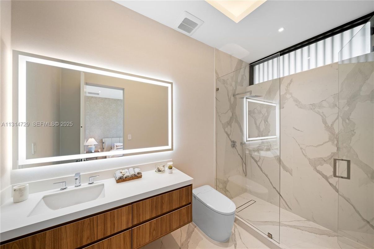 Bathroom, Glass Shower, Interior, Marble, Marble Walls, Recessed Lighting
