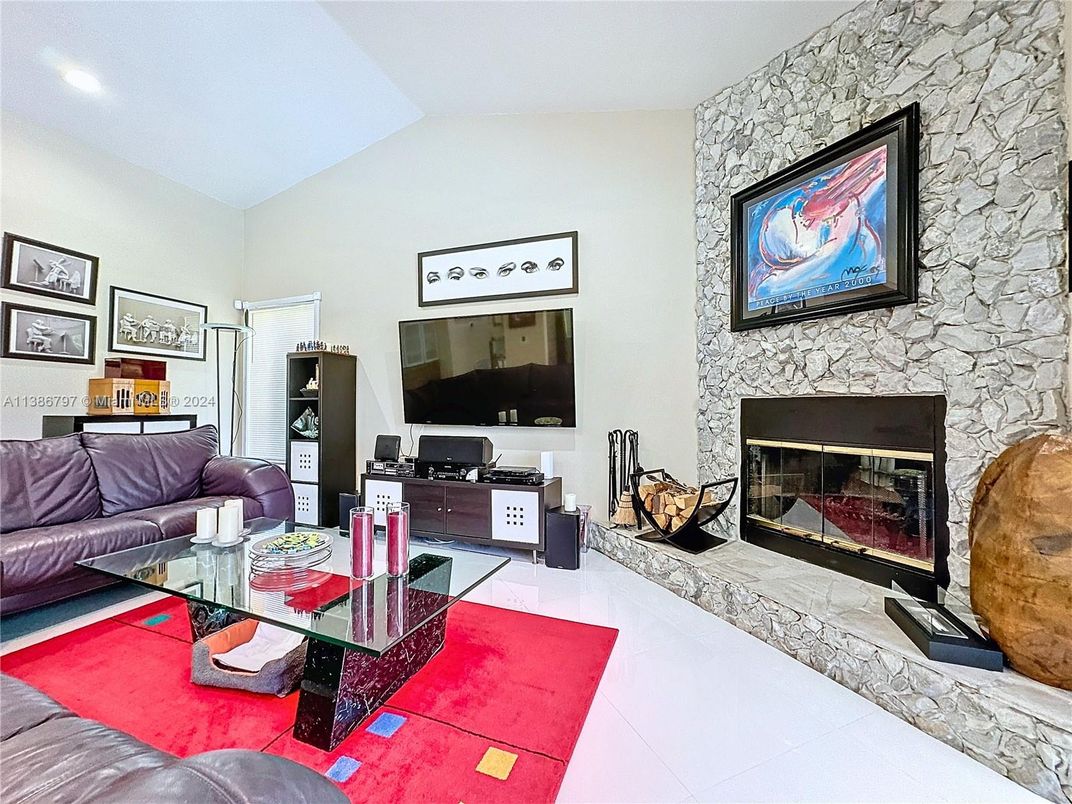 Fireplace, Interior, Living room, Recessed Lighting, Stone Walls