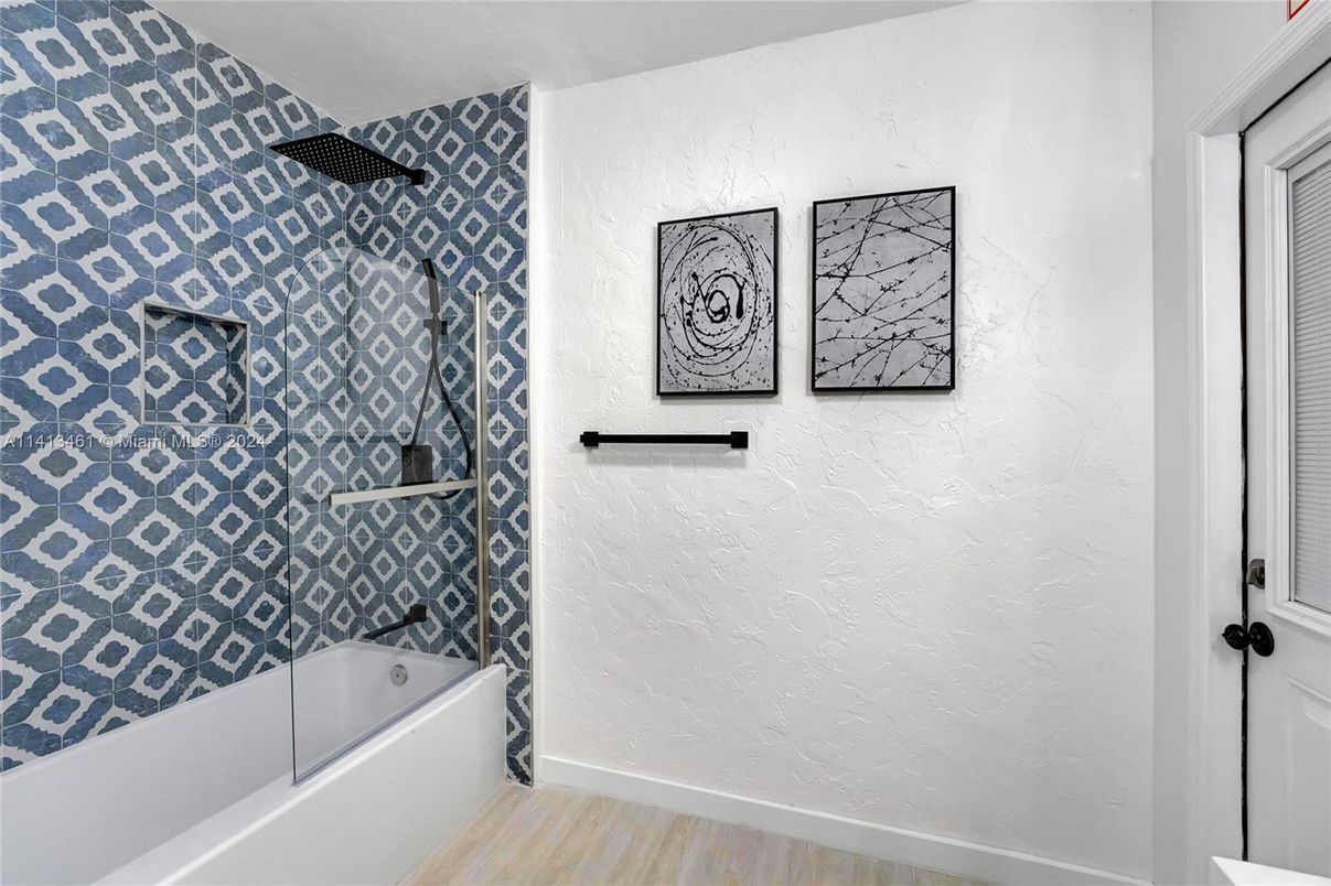 Bathroom, Glass Shower, Interior, Wood Texture Flooring