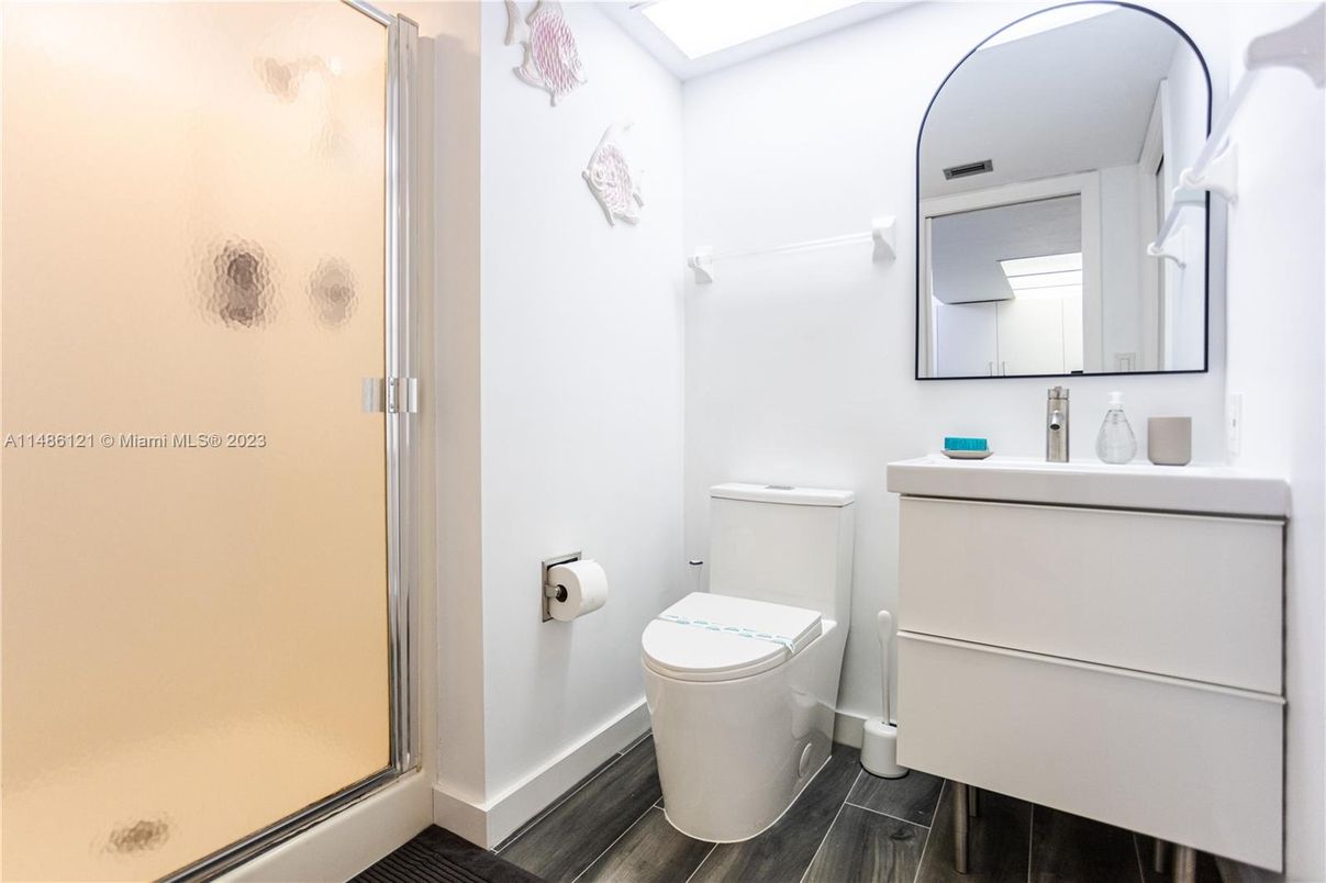 Bathroom, Glass Shower, Interior, Wood Texture Flooring