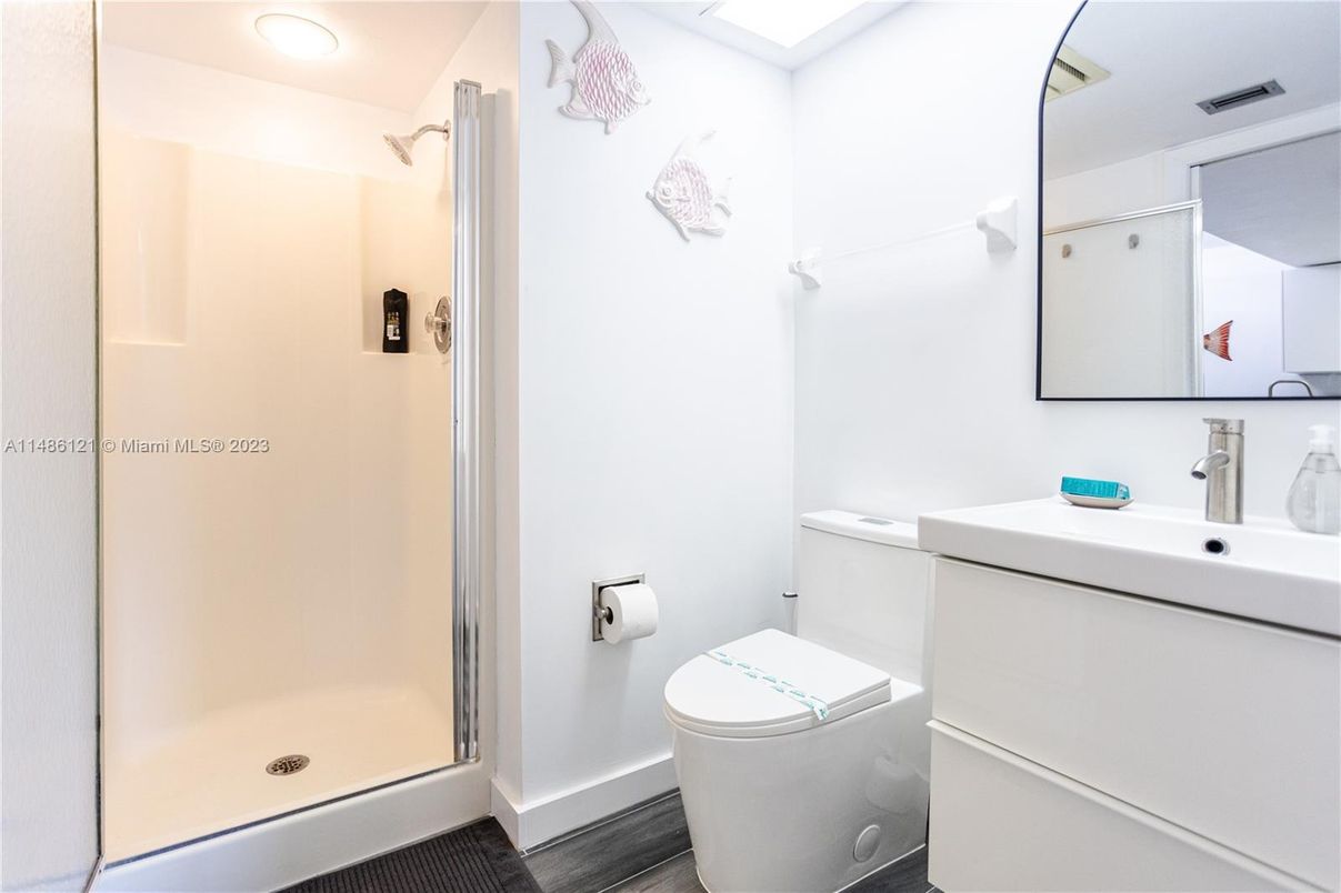 Bathroom, Glass Shower, Interior, Wood Texture Flooring