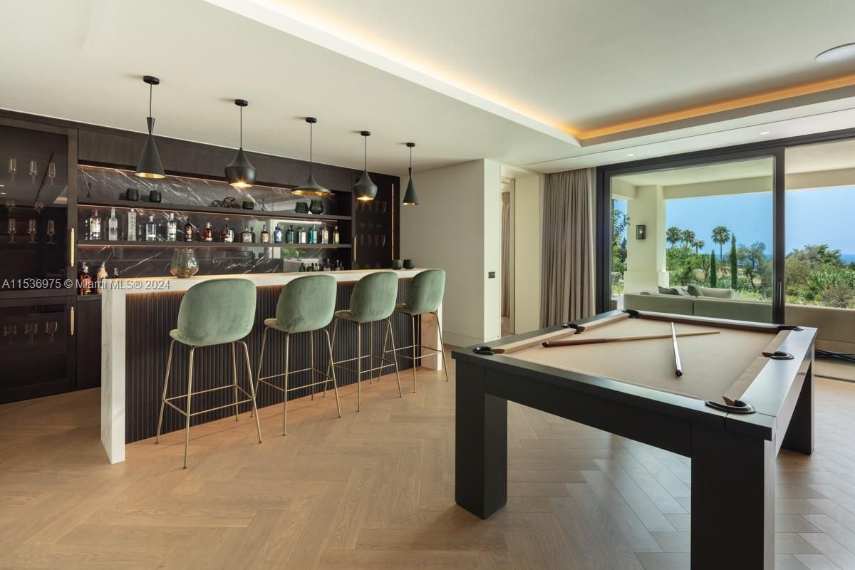 Billiard Table, Game Room, Interior, Pendant Lights, Recessed Lighting, Wood Texture Flooring