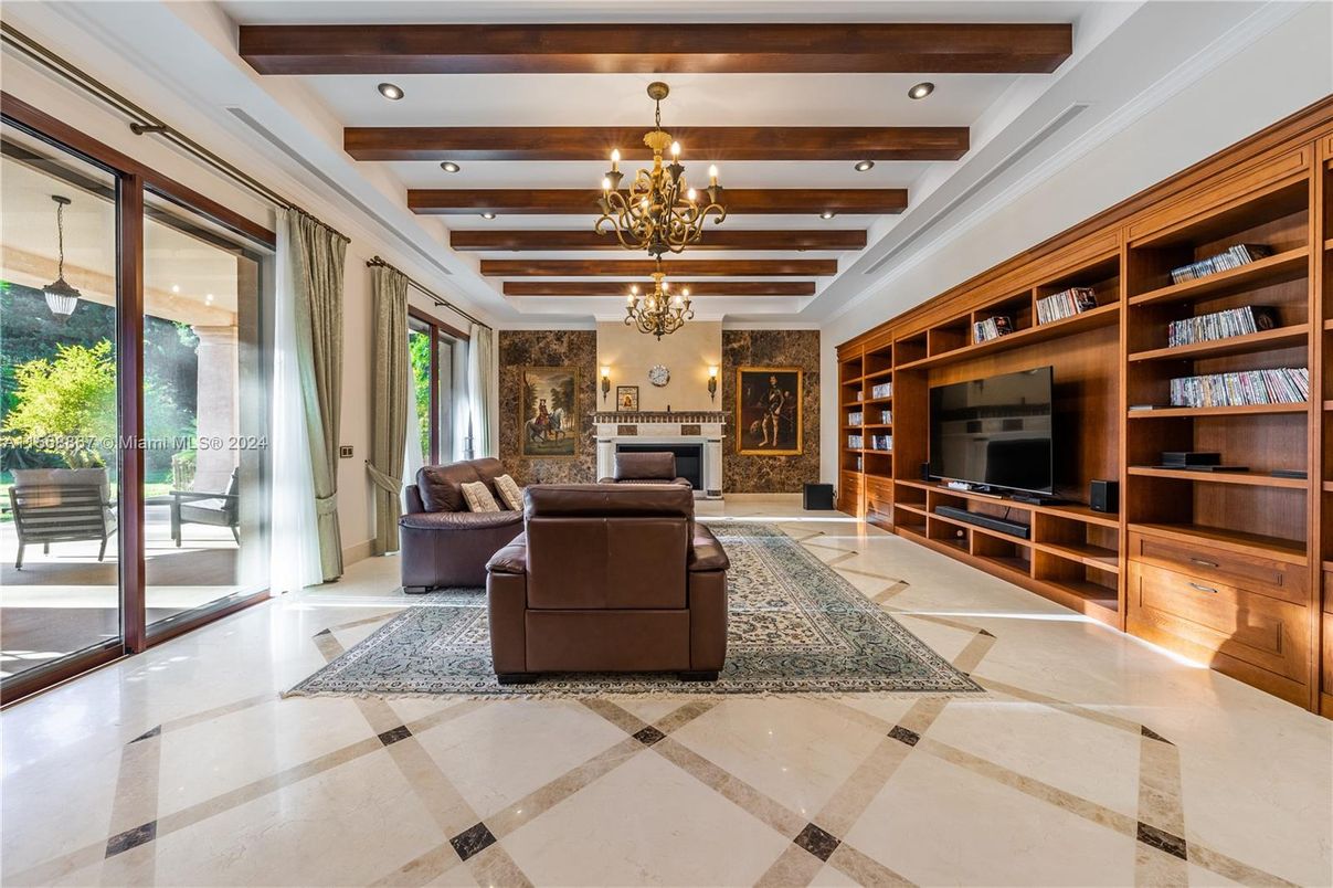 Chandelier, Fireplace, Interior, Living room, Pendant Lights, Recessed Lighting, Wooden Beams