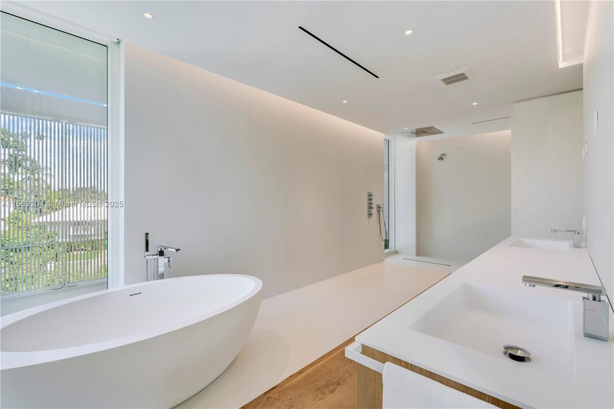 Bathroom, Dual Sink Vanities, Free Standing Baths, Interior, Recessed Lighting, Wood Texture Flooring