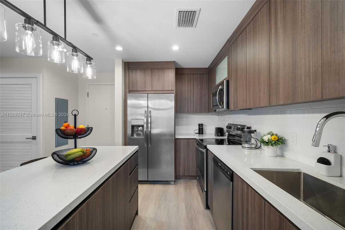 Interior, Kitchen, Recessed Lighting, Stainless Steel Appliances, Wood Texture Flooring