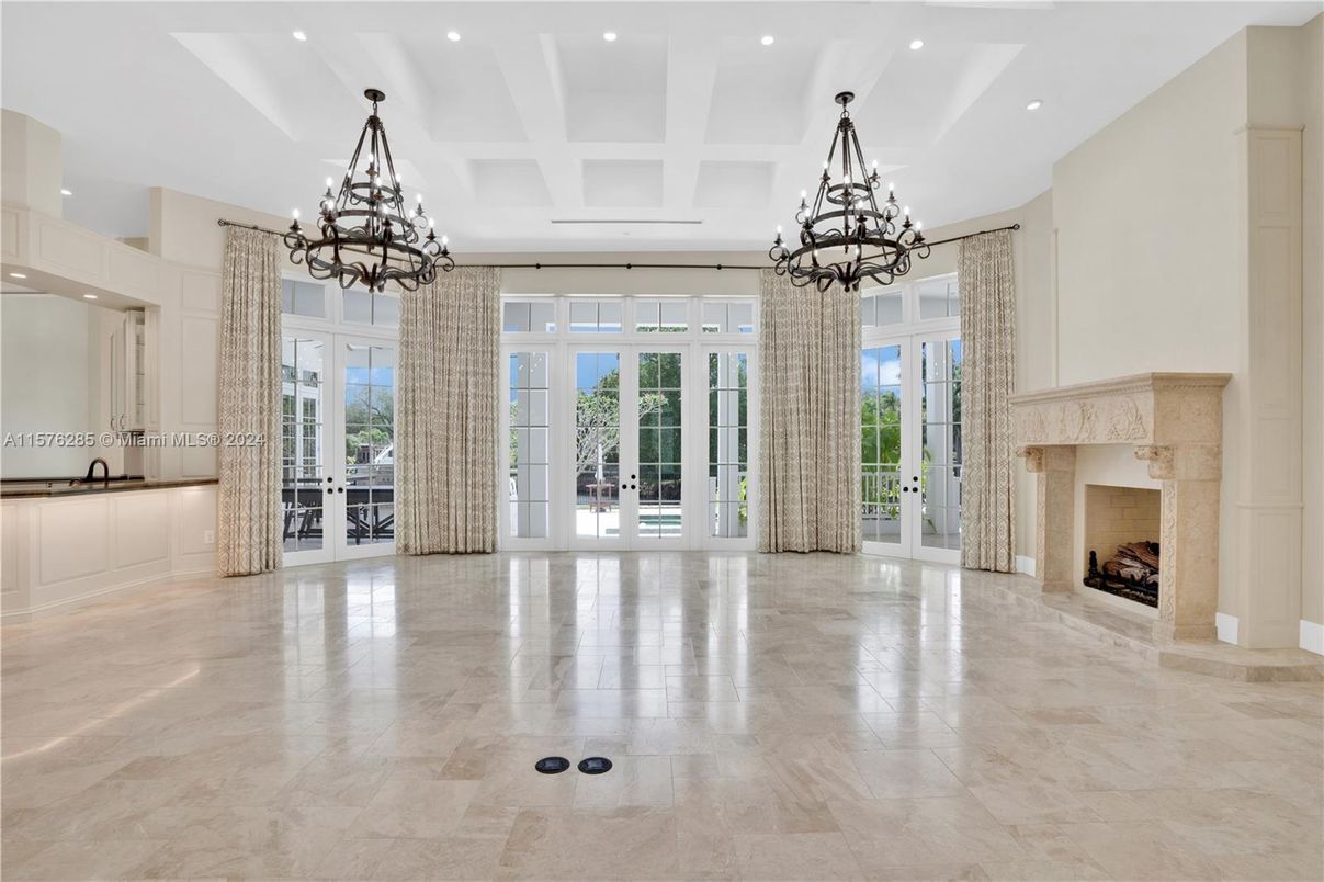 Chandelier, Empty room, Fireplace, Interior, Recessed Lighting