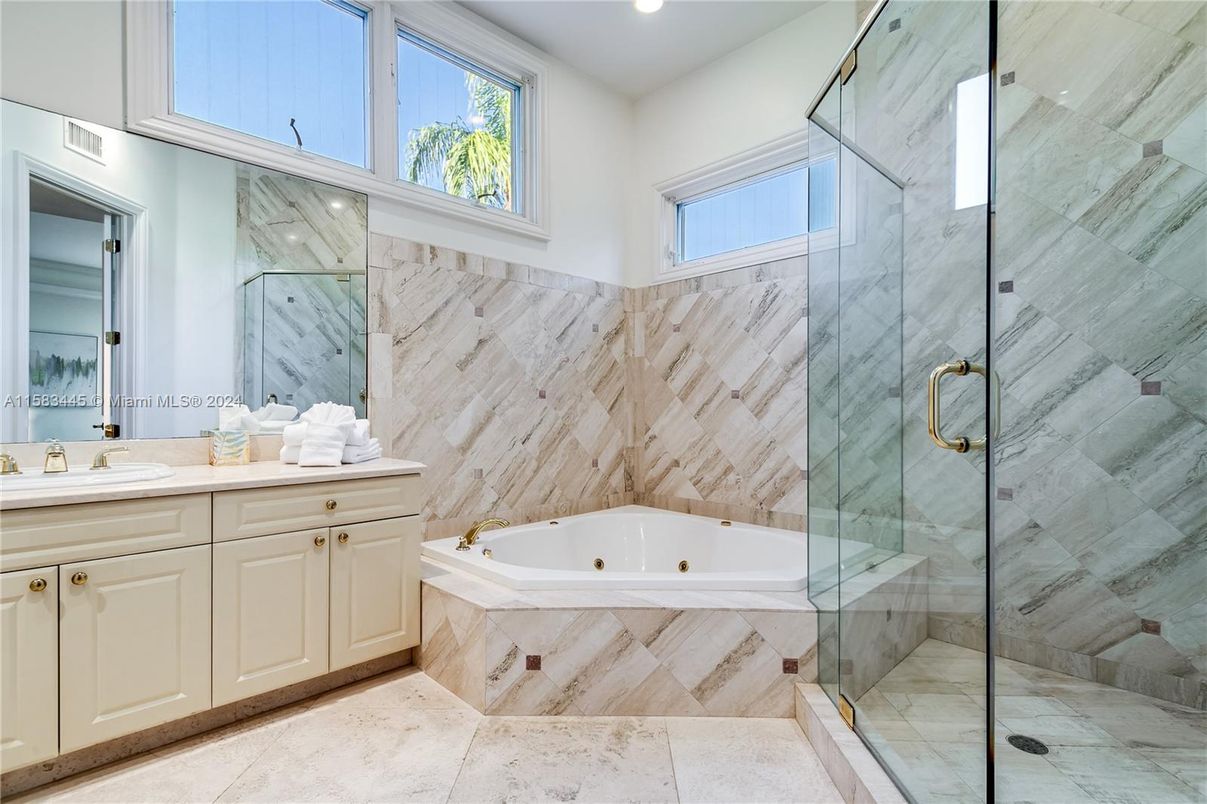 Bathroom, Glass Shower, Interior, Marble Walls, Recessed Lighting