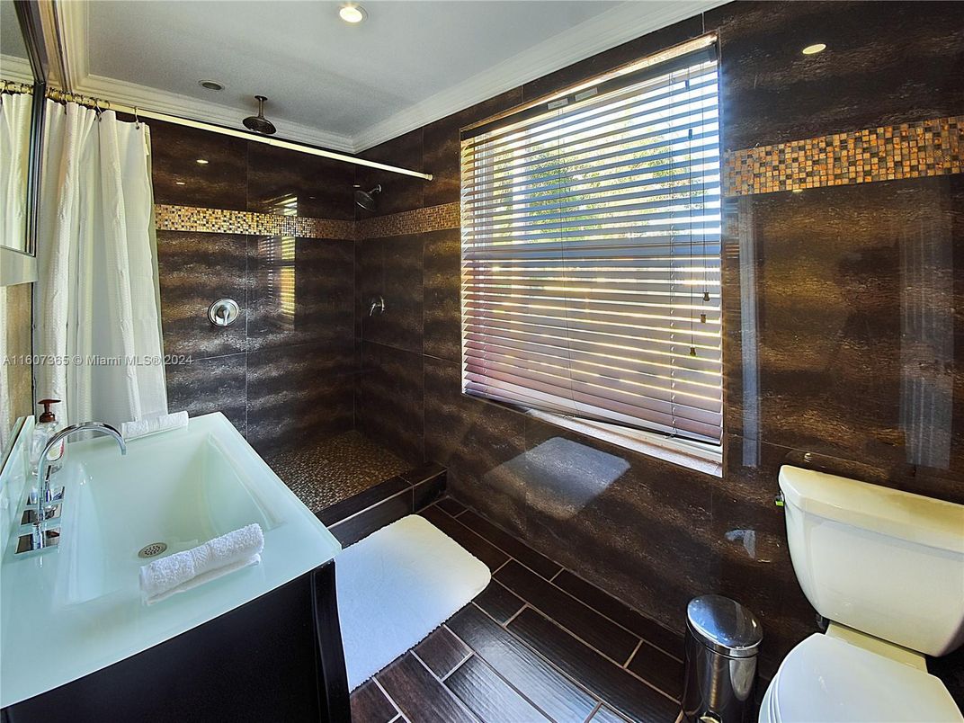 Bathroom, Glass Shower, Interior, Recessed Lighting, Wood Texture Flooring