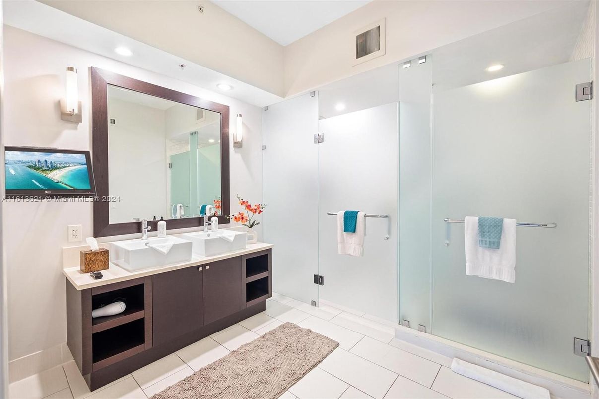 Bathroom, Dual Sink Vanities, Glass Shower, Interior, Recessed Lighting