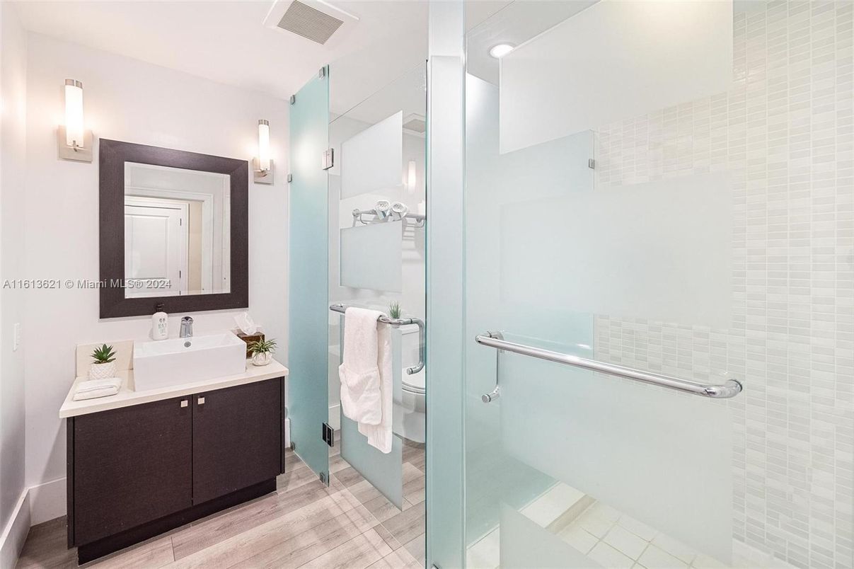 Bathroom, Glass Shower, Interior, Recessed Lighting, Wood Texture Flooring