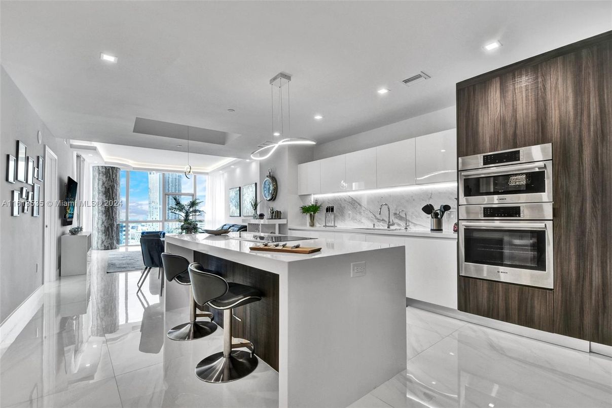 Interior, Kitchen, Marble, Pendant Lights, Recessed Lighting, Stainless Steel Appliances