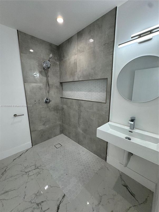 Bathroom, Glass Shower, Interior, Marble, Recessed Lighting
