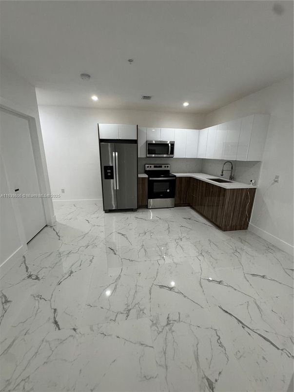 Interior, Kitchen, Marble, Recessed Lighting, Stainless Steel Appliances