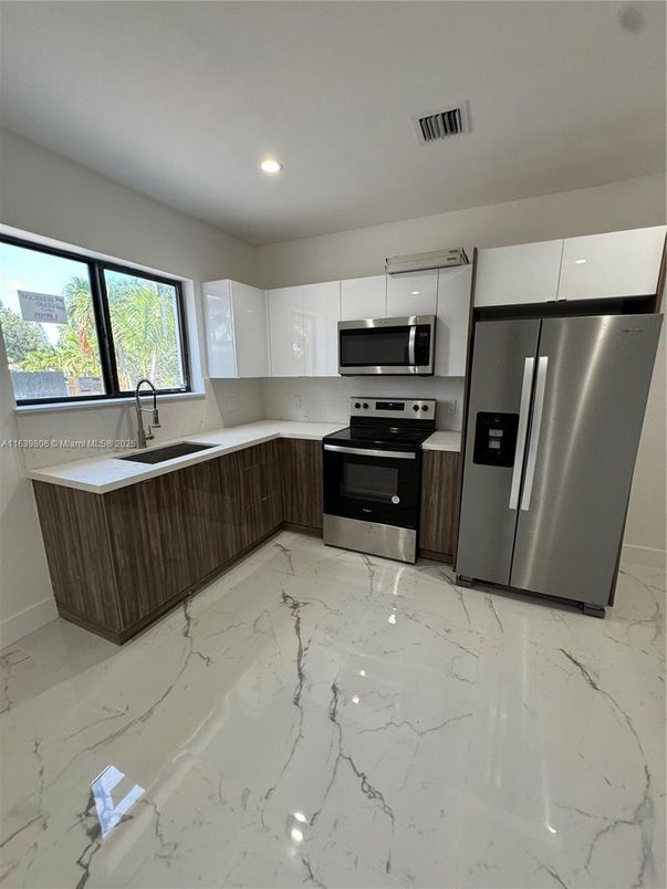 Interior, Kitchen, Marble, Recessed Lighting, Stainless Steel Appliances