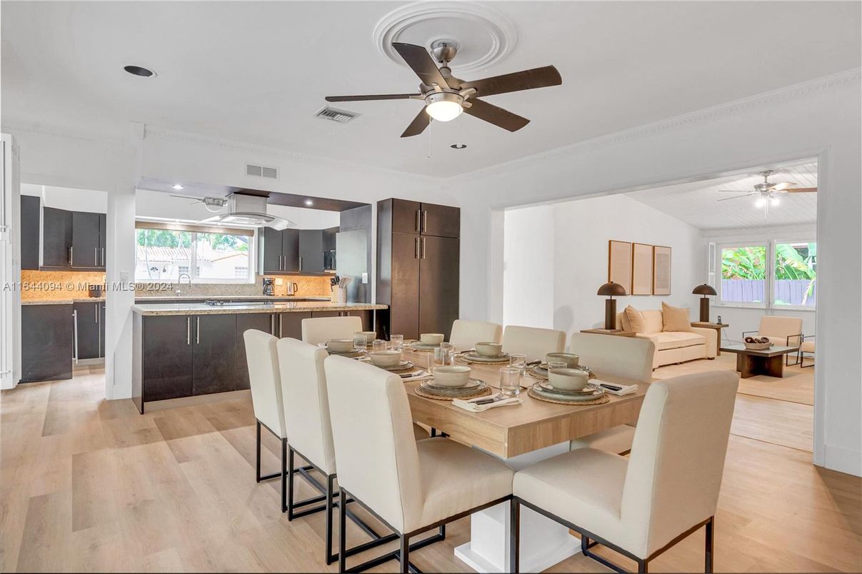 Dining room, Interior, Kitchen, Living room, Recessed Lighting, Wood Texture Flooring