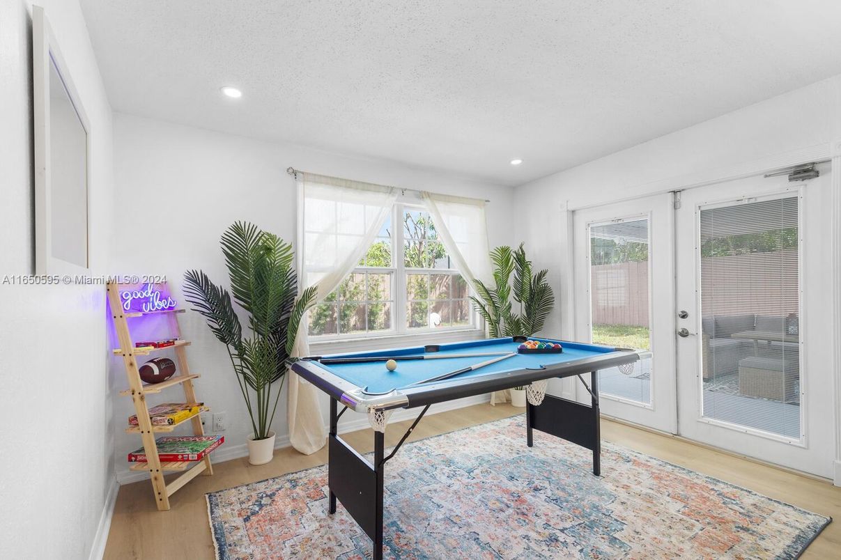 Billiard Table, Game Room, Interior, Recessed Lighting, Wood Texture Flooring